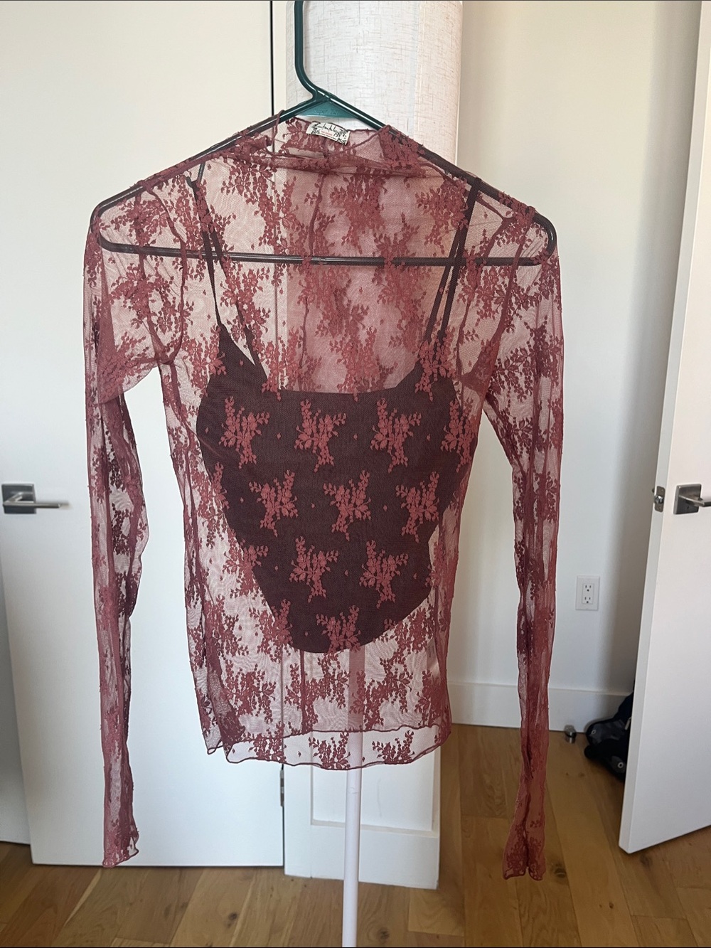 Pink Free people Sheer Lace Long-Sleeve Tope with Tank - Burgundy